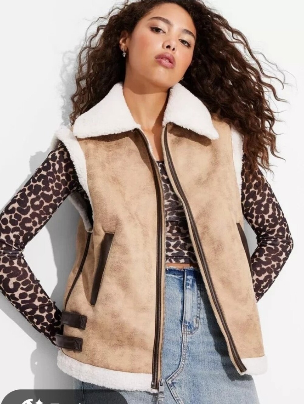 wild fable Tan Suede-Look Sherpa Vest with White Lining